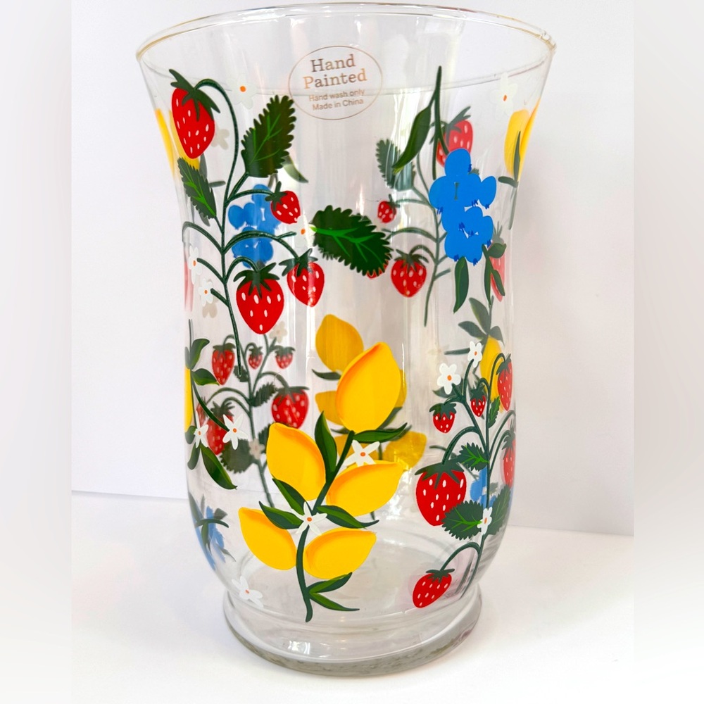 Hand Painted Floral and Fruit Glass Vase